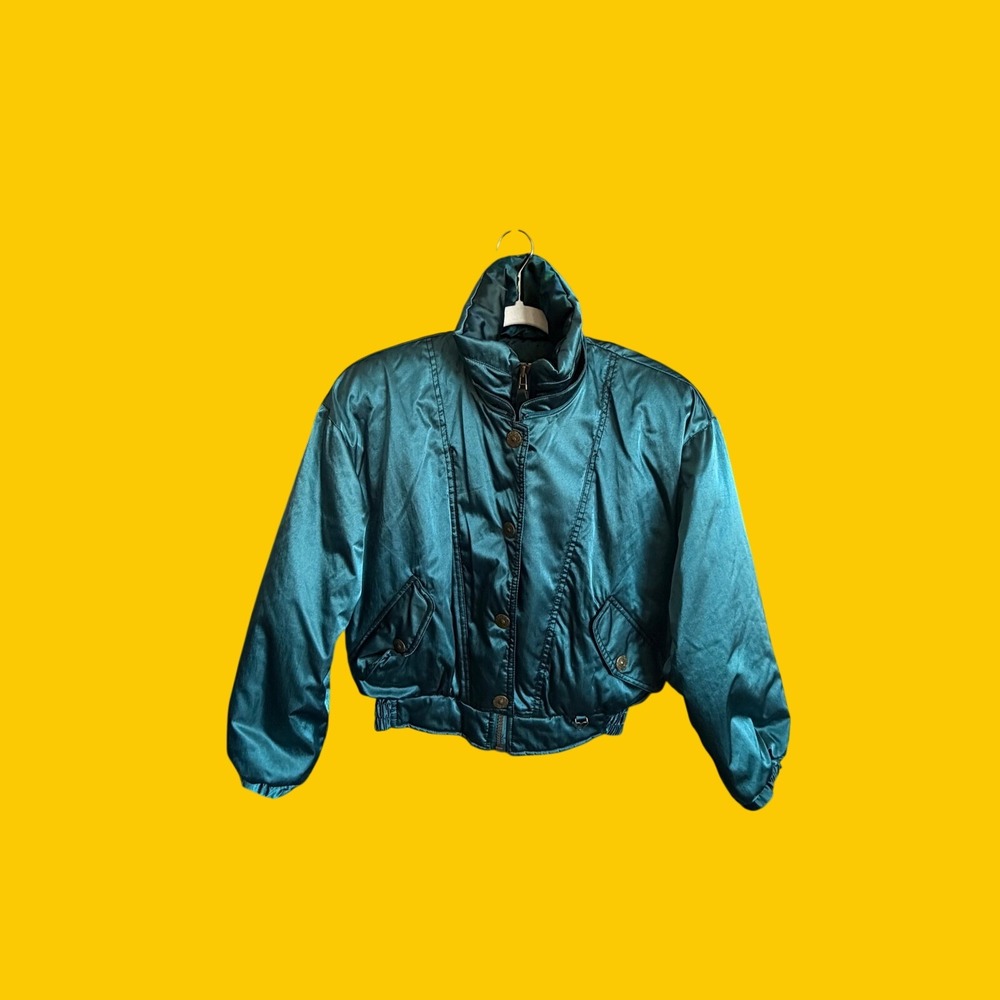 Vintage Obermeyer Teal Satin Puffer Jacket 80s Cropped Bomber